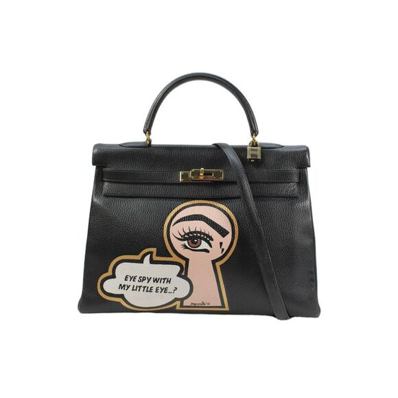 Hermes Handbags - Hermes Womens Printed Kelly 35 Gold Tone Hardware Leather Handbag Black